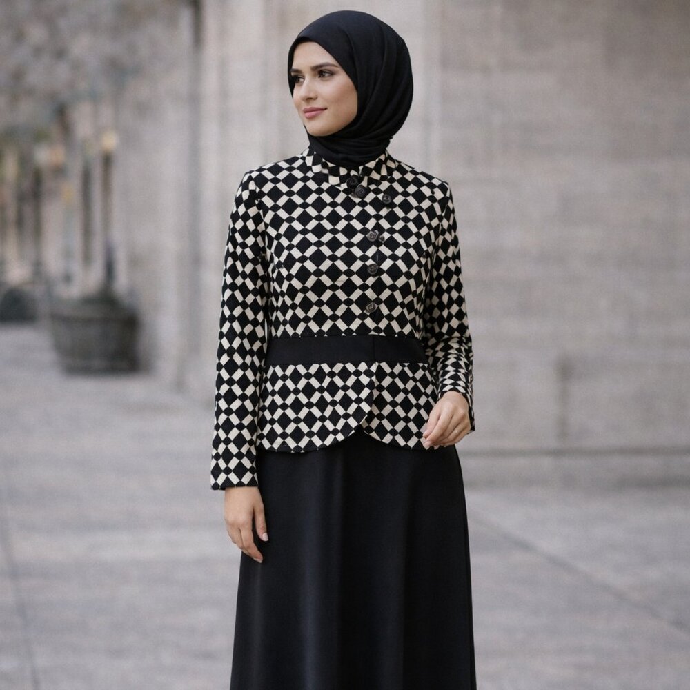 Modest Black & Cream Geometric Maxi Dress – Size 42 (US 10)